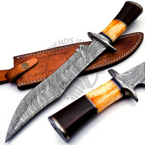 Nueva edición de cuchillo Bowie hecho a mano de acero de Damasco con mango de hueso y cuerno de toro, cuchillo de hoja fija para caza, camping, colección y regalos. - Product Image 1