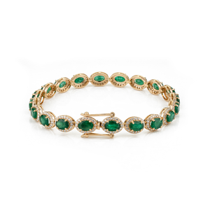 Precious <b>Gemstone</b> Luxury Emerald & Diamond Halo Wedding Tennis <b>Bracelet</b> For Unisex Bulk Custom Order 18K Yellow Gold Jewelry - Product Image 3