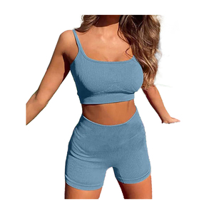 Best Price Women Yoga Set Ribbed Scoop Neck <b>Spaghetti</b> <b>Strap</b> High Waist Shorts 2 Piece Solid Blue Breathable Activewear - Product Image 2
