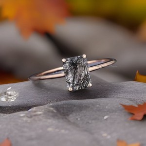 925 Sterling <b>Silver</b> Classic <b>Emerald</b> Cut Black Rutilated Gemstone <b>Ring</b> Elegant Fine Jewelry for Engagement Anniversary Gifts - Product Image 4