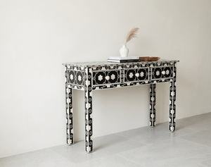 Table console en bois fait main avec incrustations de os, noir et blanc, table d'entrée, table de canapé, mobilier moderne pour la maison - Product Image 2