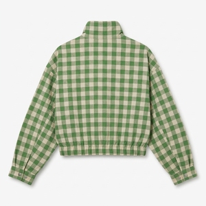 Blouson Vert à Carreaux de Haute Qualité pour Femme, Col Montant, Manches Longues, Fermeture Éclair, Manches Bouffantes, Longueur Courte, Printemps - Product Image 2