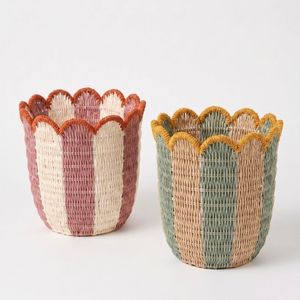 Custom Boho Pastel Striped <b>Paper</b> Rope Woven Basket Custom Scalloped Edge Storage <b>Bins</b> Desktop Organizer Plant Pot Holder - Product Image 1