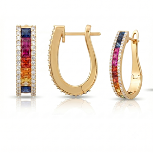 Boucles d'oreilles créoles pour femmes avec pierres précieuses dégradées arc-en-ciel et diamants taille ronde, pour usage quotidien, avec diamants naturels et de laboratoire et pierres précieuses - Product Image 1