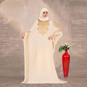 Caftán Modesto de Chifón Bordado para Eid y Ramadán, Vestido Diario Largo hasta el Suelo con Mangas de Diseño y Silueta Ligera Drapeada - Product Image 1