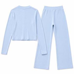 Conjunto Deportivo Azul Pastel para Mujer, Chaqueta de Punto con Botones y Pantalones Acampanados, Atuendo Casual de Dos Piezas, Venta al Por Mayor de Fábrica OEM - Product Image 4