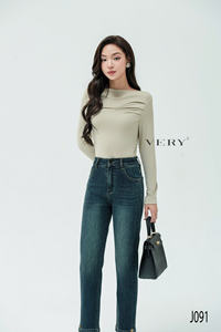 Pantalones vaqueros ajustados de pierna recta de estilo Vintage de cintura alta para mujer Pantalones tejidos formales de patrón sólido para la vida informal de primavera - Product Image 2