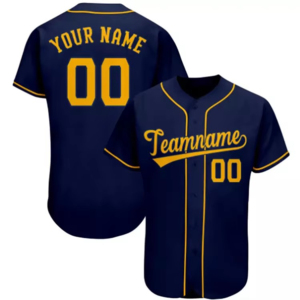 Customizable Baseball Jersey Teamname 00 Navy Yellow Screen Printed Unisex Adult Short Sleeve Moisture Wicking - Product Image 1