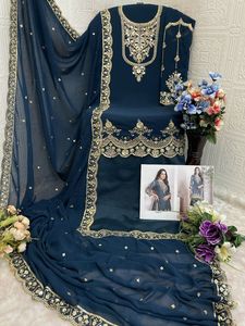 ชุดส่าหรีผู้หญิง ผ้าจอร์เจตต์ปักลาย ฟอกซ์  ความยาวระดับเข่า ชุดอินเดีย ชุดปากีสถาน สำหรับงานเทศกาล  งานออกแบบแบบดั้งเดิม - Product Image 5