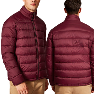 Men's Burgundy Stand Collar Puffer <b>Jacket</b> Windproof Casual Winter <b>Jacket</b> Regular <b>Fit</b> Zipper Closure Solid Color <b>Slim</b> Style - Product Image 4