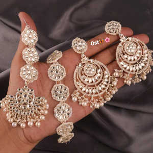 Pendientes de piedra Kundan chapados en oro de diseñador con cuentas, conjunto combinado de joyería étnica para mujer, adecuado para todas las fiestas y bodas - Product Image 1