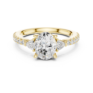 Bague de fiançailles en or jaune avec diamant ovale et trois pierres, bague de mariage pavée pour femme - Product Image 2