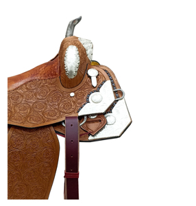 Silla de montar western de cuero tópico para carreras de barriles, con diseño floral tallado a mano y estampado plateado, asiento rígido, fabricante indio - Product Image 3