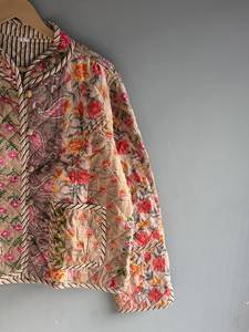 <b>Quilted</b> Cotton <b>Jacket</b> Women Floral <b>Pattern</b> Mandarin Collar Full Sleeve Autumn Regular Length Patch Pocket GIFT FOR HER - Product Image 3