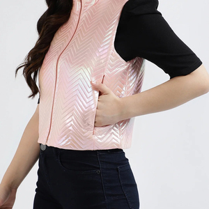 Chaleco Acolchado Rosa para Mujer, Sin Mangas, con Cierre de Cremallera, Patrón Geométrico, Ropa Exterior Informal, Largo Regular, Exterior de Poliéster - Product Image 4