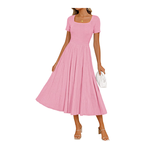 Pink Solid Knitted A-Line Midi Dress with <b>Square</b> Neck Short Sleeve High Waist Slim Fit Pleated Hem Casual Spring Dress - Product Image 4