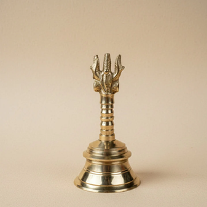Traditional brass puja hand bell featuring a carved floral rosette finial, available at wholesale prices. - Product Image 6