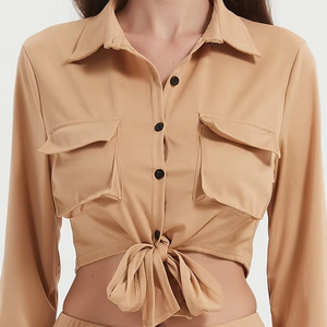 Women Black Full Length Cargo <b>Pants</b> Set Casual Solid Color Long Sleeve Shirt With Knot Detail Turn-<b>down</b> Collar Spring Style - Product Image 5