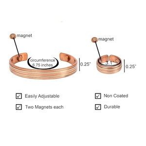 Ensemble de bracelet et bague magnétiques en cuivre pur non plaqué, bijoux de thérapie biomagnétique, vente en gros - Product Image 1