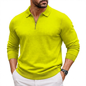 เสื้อโปโลแขนยาวผู้ชายสีน้ำเงินกรมท่า ผ้าถัก มีซิป สไตล์สมาร์ทแคชชวล สีพื้น ทรงปกติ - Product Image 4