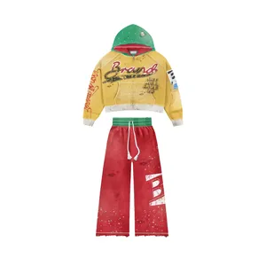 Unisex Streetwear Tracksuit Full <b>Zip</b> Hooded Jacket With Drawstring Pant Red Yellow Green Sublimation Print Loose Fit Autumn Wear - Product Image 1