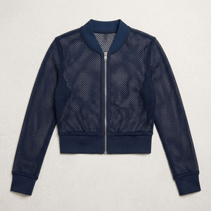 Blouson bomber court blanc moderne en maille pour femme, à manches longues, fermeture éclair frontale, logo personnalisé, léger, style Y2K, décontracté, pour superposition estivale - Product Image 5