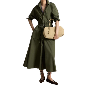 Robe chemise utilitaire personnalisée pour femme en toile 100 % coton de haute qualité, coupe trapèze longue, taille à cordon, manches longues, OEM, marque privée - Product Image 6