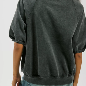 2026 Premium Stitching Womens Ballon Sleeve Sweatshirts <b>Tops</b> Cropped Crew Neck Loose Fit Casual Workout Shirts Breathable <b>Sweat</b> - Product Image 2