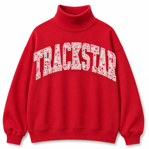 Trackstar Red Mock Neck <b>Sweatshirt</b> with <b>Pink</b> Heart Letter Design Long Sleeve Pullover for Custom Wholesale Clothing Brands - Product Image 1