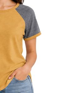 เสื้อยืดแร็กแลนสีเหลืองมัสตาร์ดและสีเทาเฮเทอร์สำหรับผู้หญิง คอกลม แขนสั้น ผ้าฝ้ายผสมเนื้อนุ่ม แฟชั่นฤดูร้อน - Product Image 4
