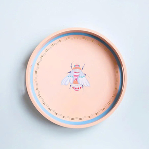 Plateau de service rond rose avec bord bleu, plateau décoratif pour boissons, élégant accessoire de décoration pour la maison, organisateur de petit-déjeuner et de produits de beauté, cadeau élégant - Product Image 1
