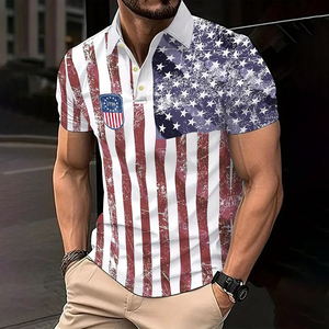 Toile personnalisée avec motif du drapeau américain pour chemise homme |   Chemise de golf à manches courtes respirante imprimée par sublimation OEM/ODM |   Haute qualité - Product Image 4