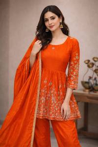 Nuevo lanzamiento: Traje de tres piezas de tela de seda Chinon de alta calidad, ideal para invitadas de boda, precio de exportación al por mayor. - Product Image 5