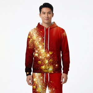 Survêtement unisexe à capuche rouge et or avec imprimé scintillant, coupe longue, décontracté, pour l'hiver, en polyester respirant, imprimé par sublimation - Product Image 6