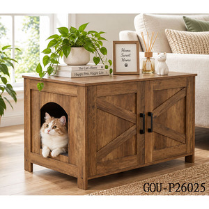 <b>Wood</b> <b>Cat</b> <b>House</b> Cabinet With Storage Doors And Pet Entry For Indoor <b>Cats</b> Living Room Furniture Classic Style - Product Image 2