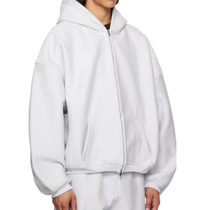 Sweat à capuche blanc pour homme à prix abordable, fabrication sur mesure, épaules tombantes, coupe ample, broderie en relief, impression, 100% coton, fermeture éclair - Product Image 3