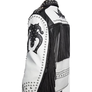 Veste Moto Homme Single Star Traders en Cuir Véritable Blanc et Noir à Motif Uni, Col Montant Respirant, Coupe Slim, Rembourrage en Coton - Product Image 3