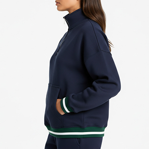 2026 <b>Top</b> Trending Women <b>Navy</b> Blue Quarter Zip Sweatshirt With Front Logo Fleece Material Regular Fit Stand Collar Autumn Wear - Product Image 6