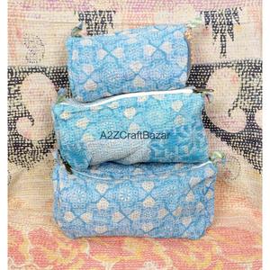 Block Print Kantha Floral Tassel Zipper Closure Eco-Friendly Durable Vintage Fashion Boho Lightweight Soft Handle Cosmetic <b>Bag</b> - Product Image 2