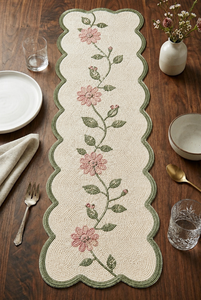 Chemin de table en tissu écologique de luxe de forme personnalisée, feuilles brodées vertes, design classique fait main pour la décoration de table - Product Image 3