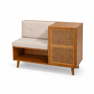 Banco de Almacenamiento Calista de Ratán y Madera de Teca Sólida de Primera Calidad, Estilo Japandi Moderno, con Asiento Tapizado para Hotel o Villa - Product Image 2