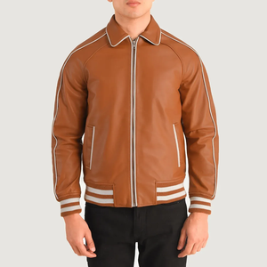 Men's Brown Genuine <b>Leather</b> Bomber <b>Jacket</b> Turn-down Collar Zipper Closure Casual Autumn Wear Regular Fit - Product Image 1