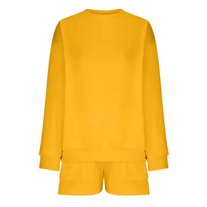 Women 2 Piece <b>Set</b> Solid Color Yellow Knitted Sweatshirt Shorts Regular Fit Casual Hooded Full Sleeve Spring Summer Wear Hoodie - Product Image 3