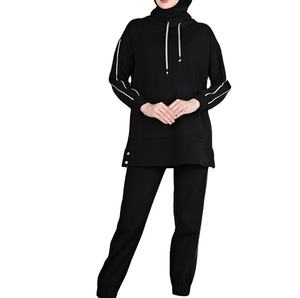 Conjuntos Deportivos Modestos Islámicos Étnicos para Mujer, con Capucha, Estilo Árabe de Dubái, Color Negro Liso - Product Image 1