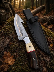 มีดล่าสัตว์เหล็กดามัสกัสแบบกำหนดเอง DIY OEM ใบมีดแบบ Fixed Blade พร้อมด้ามไม้ทรง Drop Point และปลอกหนัง - Product Image 6