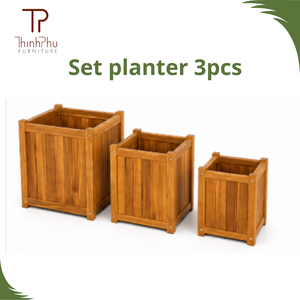 Ensemble de 3 jardinières carrées en bois fini à l'huile écologique ThinhPhu Furniture, style rustique, pour plantes vertes, pour l'extérieur - Product Image 1