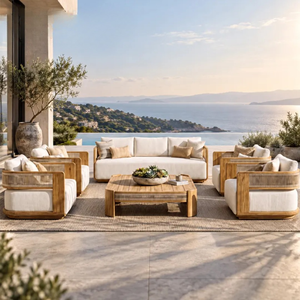 Luxury <b>Teak</b> <b>Wood</b> Outdoor Sofa Set with Cream Cushions Modern Garden Patio <b>Furniture</b> for Villa Resort and Coastal Living - Product Image 1