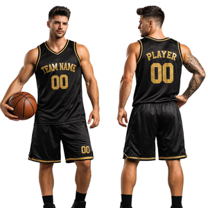 Conjunto de Uniforme de Baloncesto Retro Negro Personalizado, Jersey con Texto Dorado, Pantalones Cortos, Nombre del Equipo y Número Retro, Diseño Clásico - Product Image 1