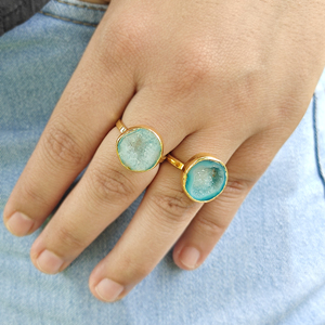 Elegant Aqua Druzy Agate Statement Open <b>Adjustable</b> Fashion <b>Ring</b> 18k Gold Plated Raw Gemstone Unique Trendy Best Fashion Jewelry - Product Image 2
