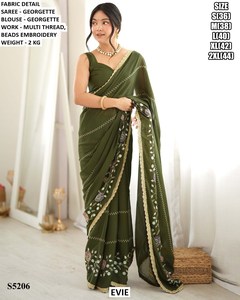 Sari en Georgette vert EVIE avec broderie de perles multicolores pour femmes, occasion mariage S5210 - Product Image 3
